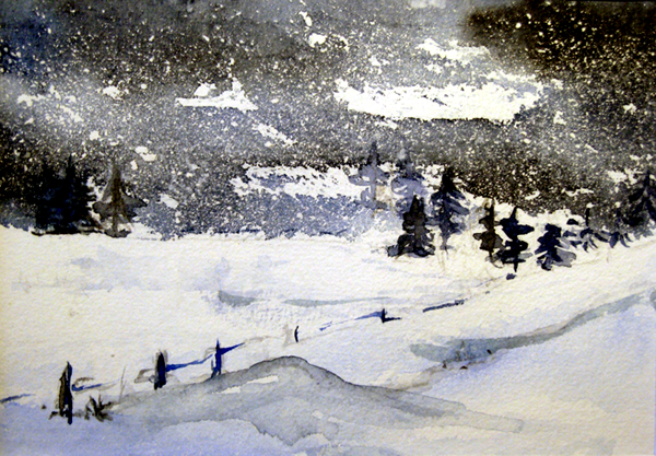 Vergrösserung einer Winterlandschaft als Aquarell
